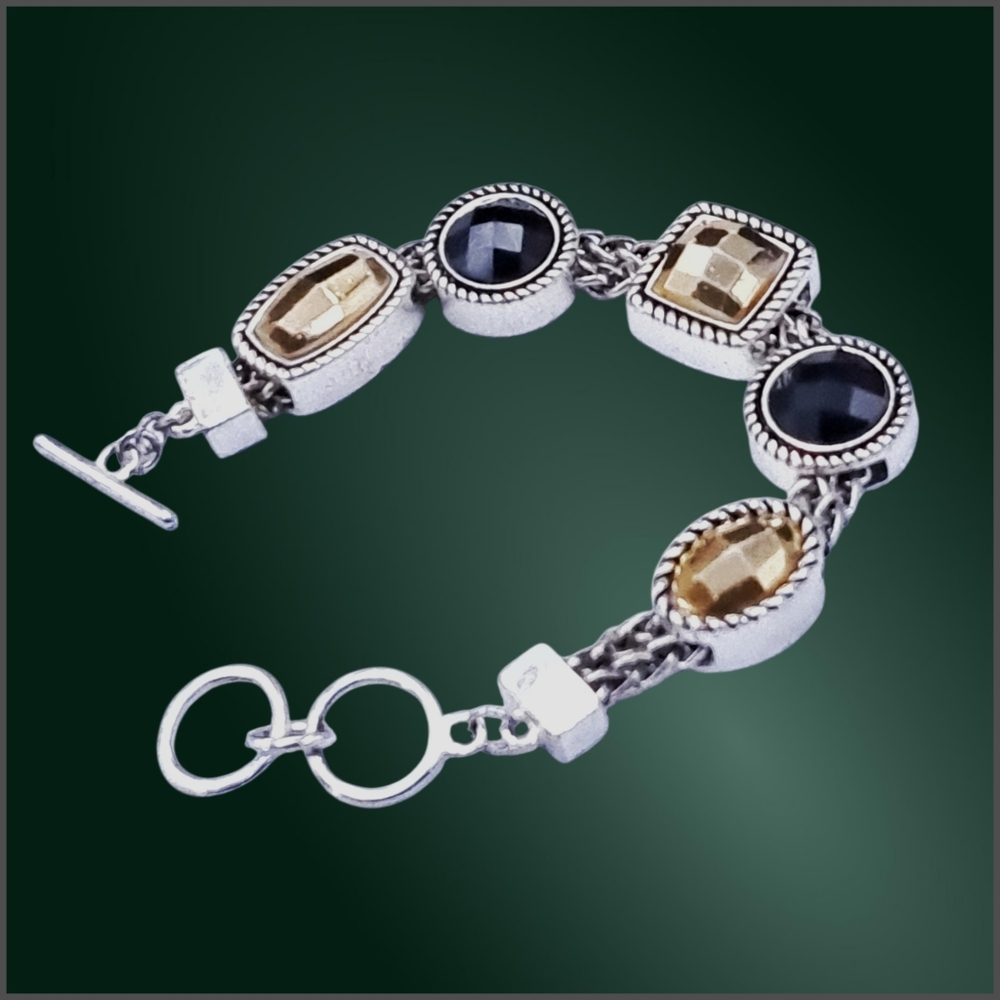 Silver Tone Toggle Bracelet with Black & Champagne Faceted Stones